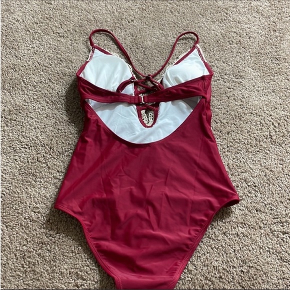 Cupshe Lace Trim Criss Cross Plunge Cutout One Piece Backless Bathing suit - Picture 4 of 7
